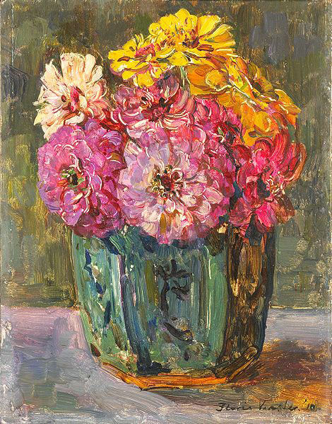 Stillife with zinnias in a ginger pot.